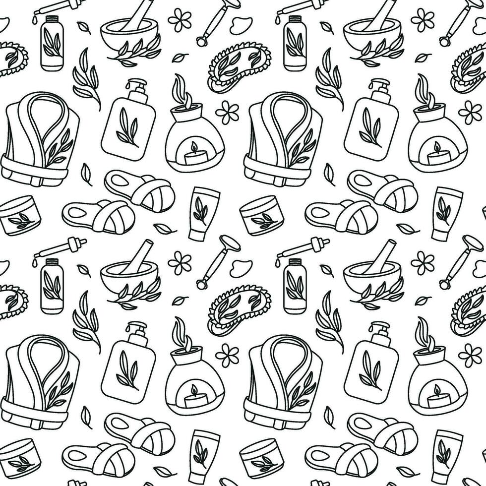 Body and face massage, aromatherapy, spa. Gua sha massage. Outline design. Seamless pattern with spa attributes. vector