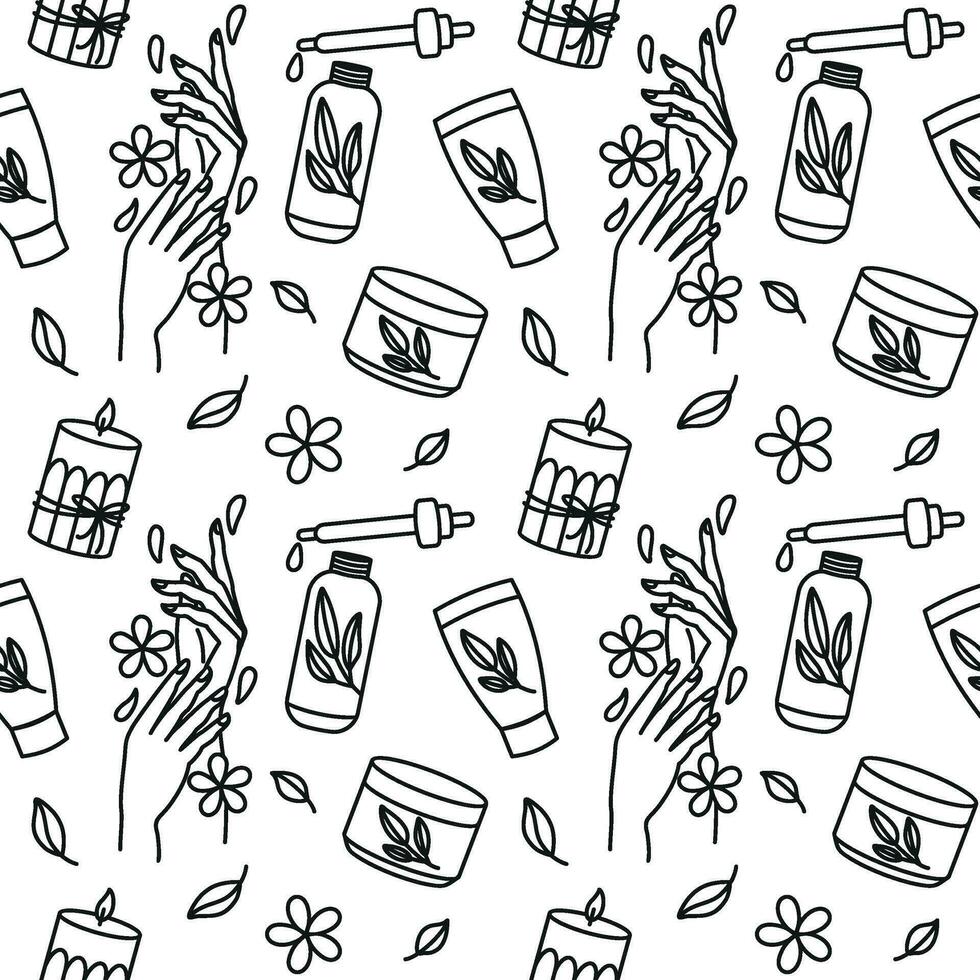 Hand care, natural oils and serums for skin care. Spa salon, relaxing. Seamless pattern with line design. Vector. vector