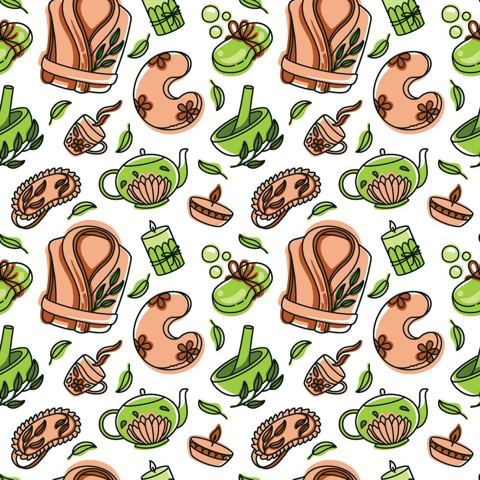 Body massage, aromatherapy, spa. Relaxation.Seamless pattern with spa attributes. vector
