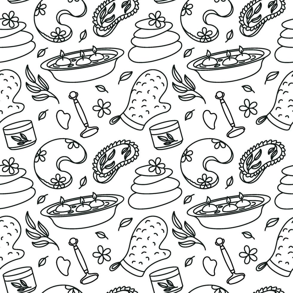 Body and face massage, aromatherapy, spa. Relaxation. Outline design. Seamless pattern with spa attributes. vector