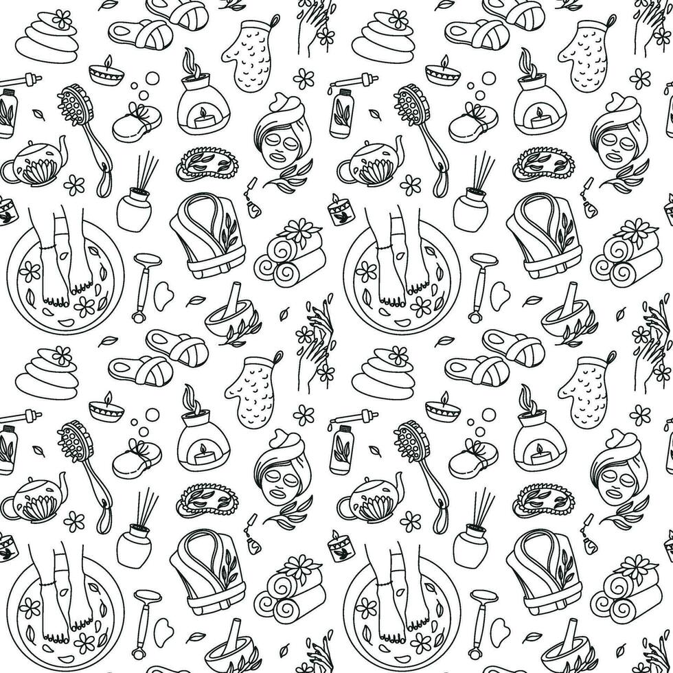 Body care, aromatherapy, spa. Outline design. Seamless pattern with spa attributes. Vector
