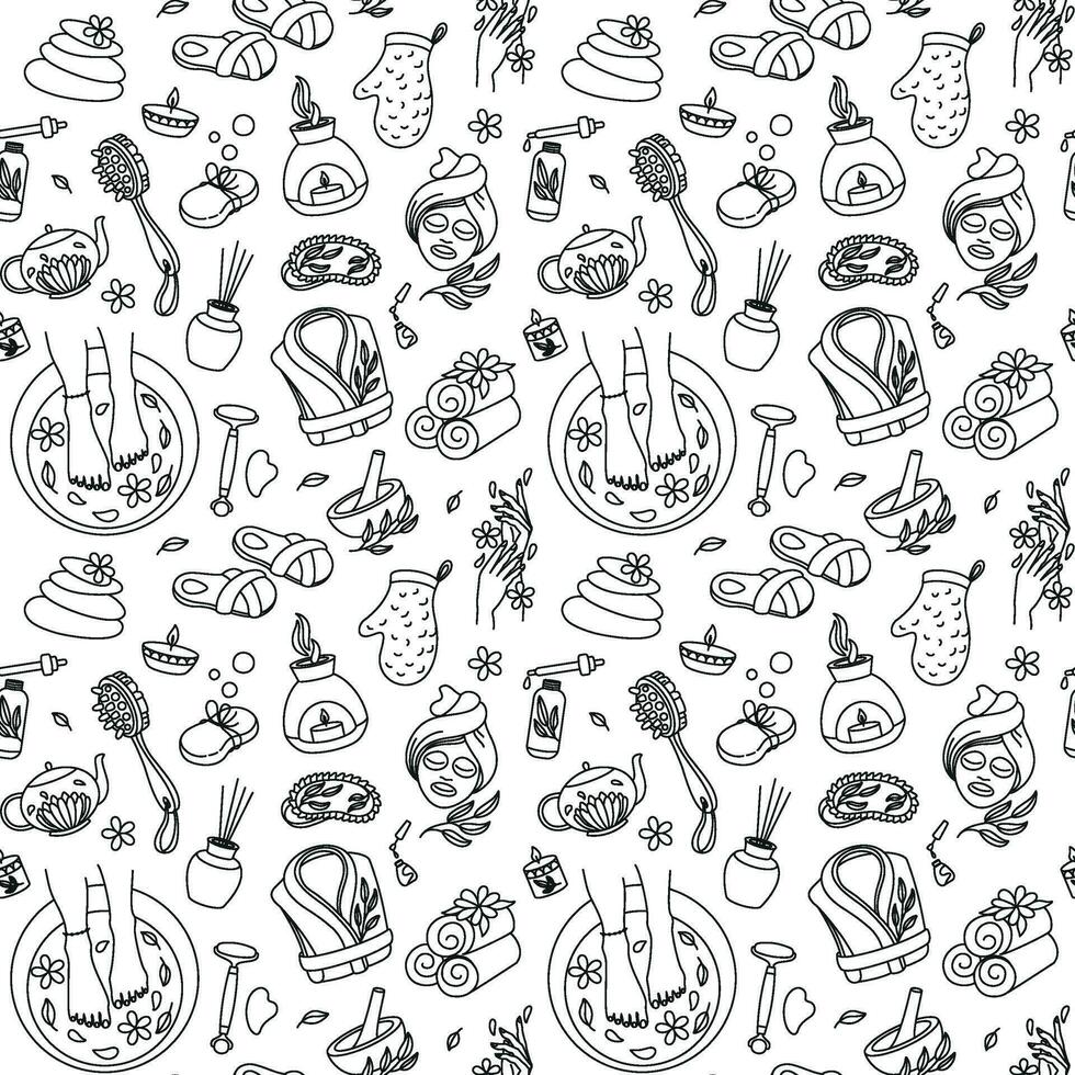 Body care, aromatherapy, spa. Outline design. Seamless pattern with spa attributes. Vector