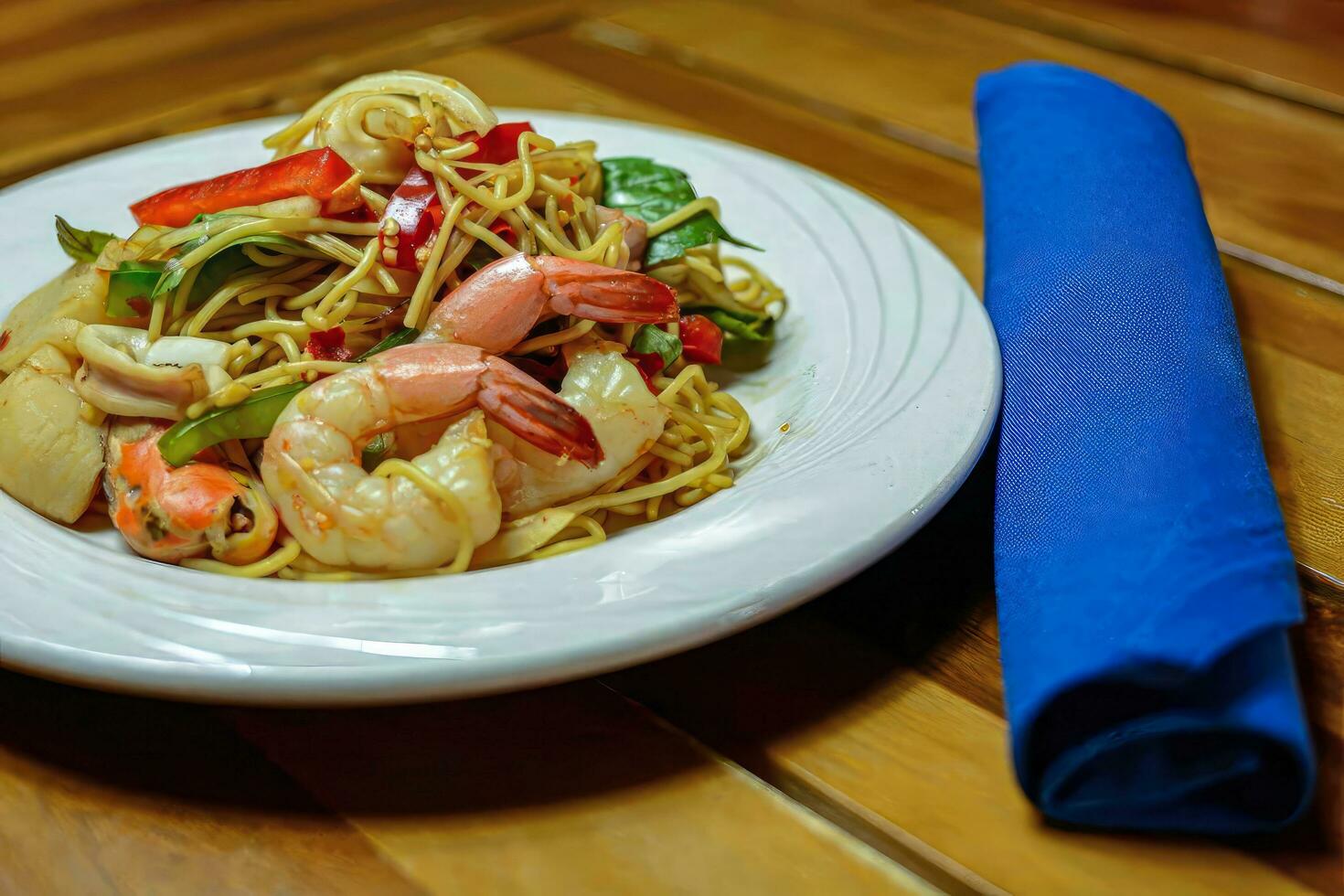 Stir-fried Spaghetti with Seafood, Stir-Fried Pasta with Kra Baow, Stir-Fried Seafood Noodles, Mixed Culture Cuisine photo