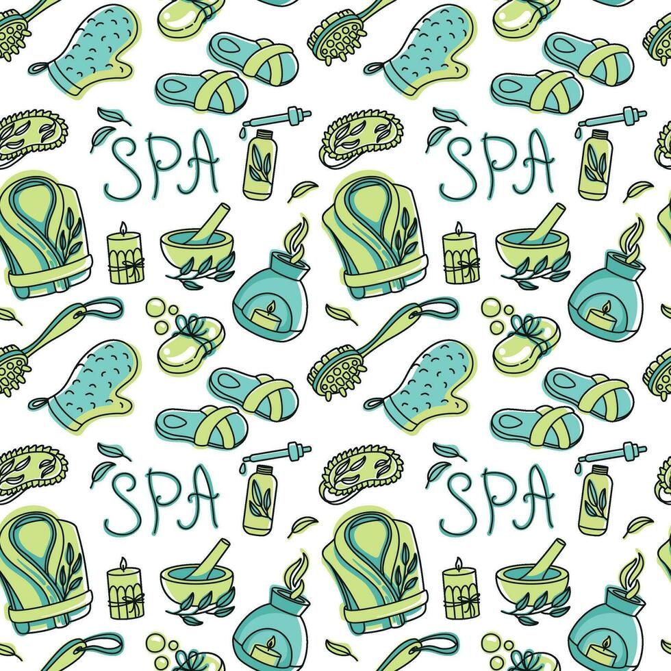 Body massage, aromatherapy, spa. Relaxation.Seamless pattern with spa attributes. vector