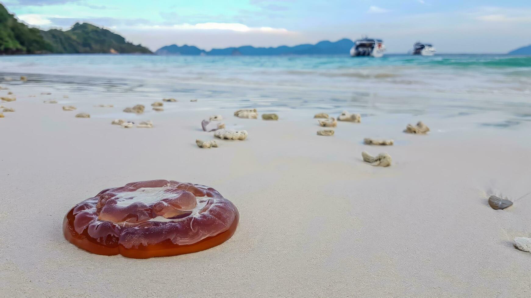 fuego Medusa, venenoso Medusa varado en el playa de un recurso en un isla en myanmar o Birmania, eso transporta el ambiente. foto