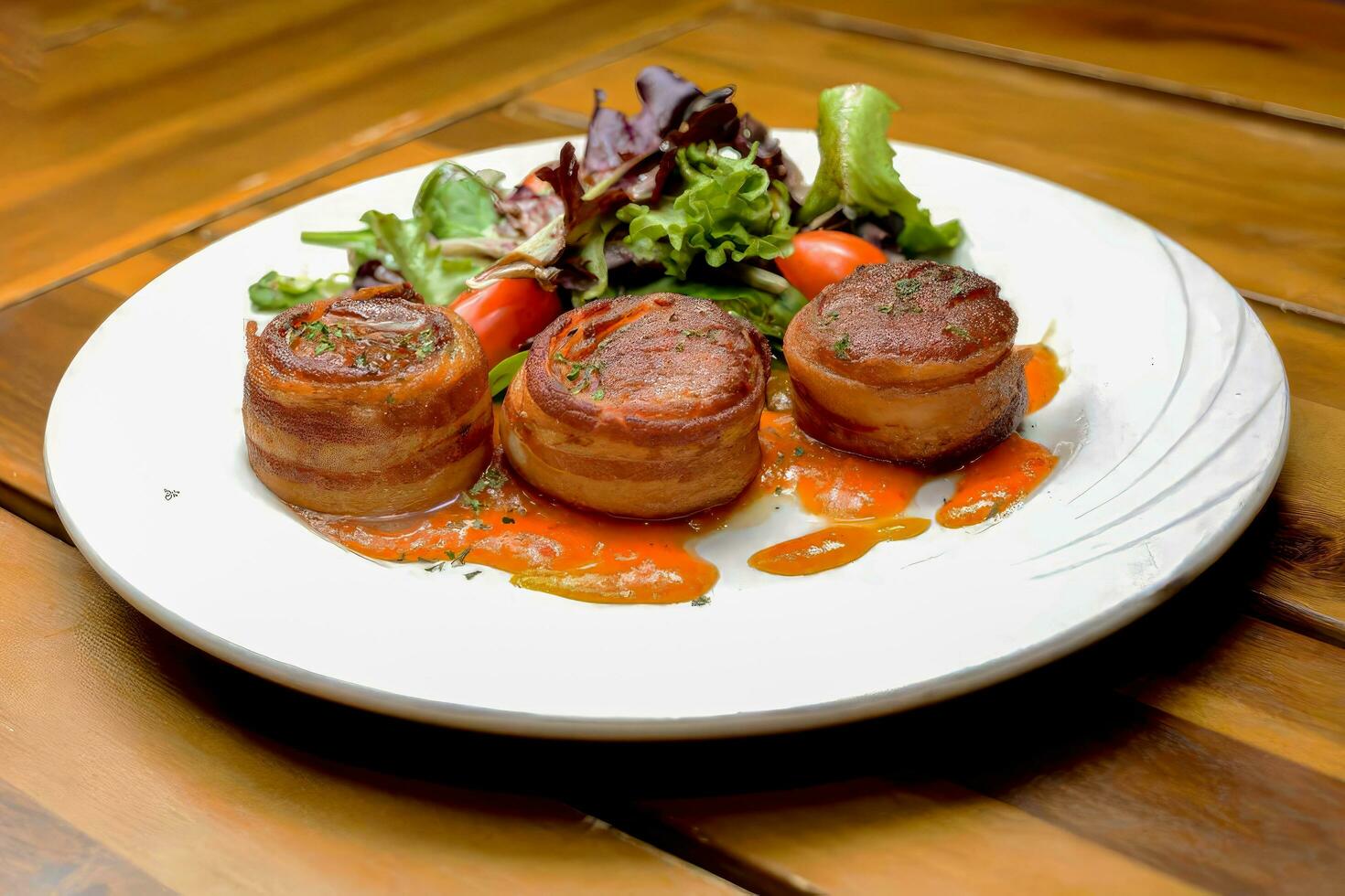 Grilled Scallops with Sweet and Sour Sauce Served with salad, Sauteed Scallops, Scallop Grenobloise on the plate on the table. photo