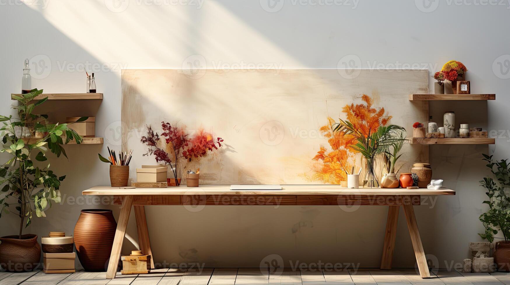 Interior of modern artist workplace with brushes and paints on table. photo
