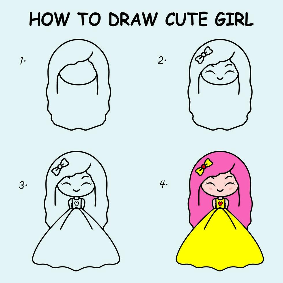 Step by step to draw a cute girl. Drawing tutorial a cute girl. Drawing lesson for children. Vector illustration