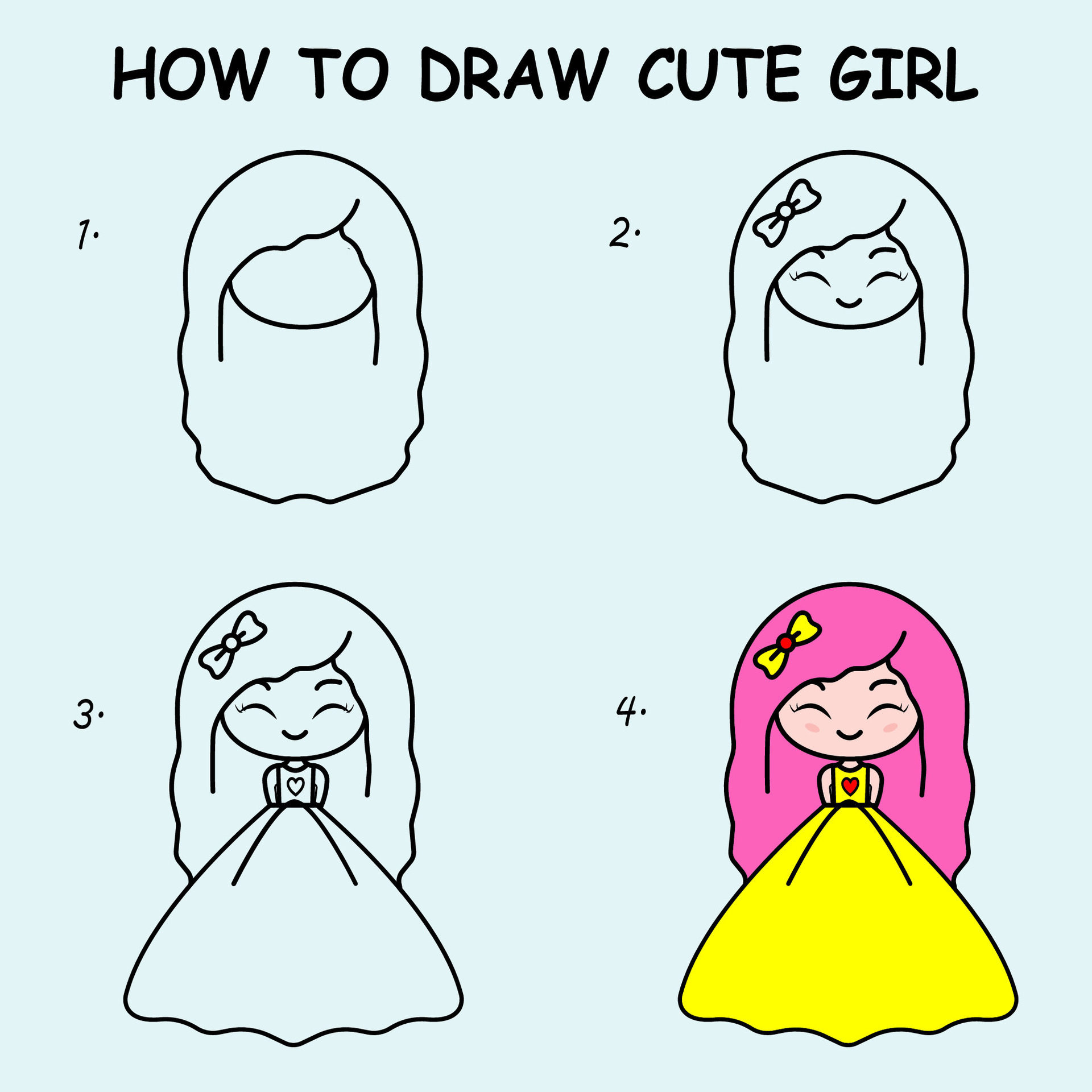 Step by step to draw a cute girl. Drawing tutorial a cute girl. Drawing  lesson for children. Vector illustration 26536867 Vector Art at Vecteezy