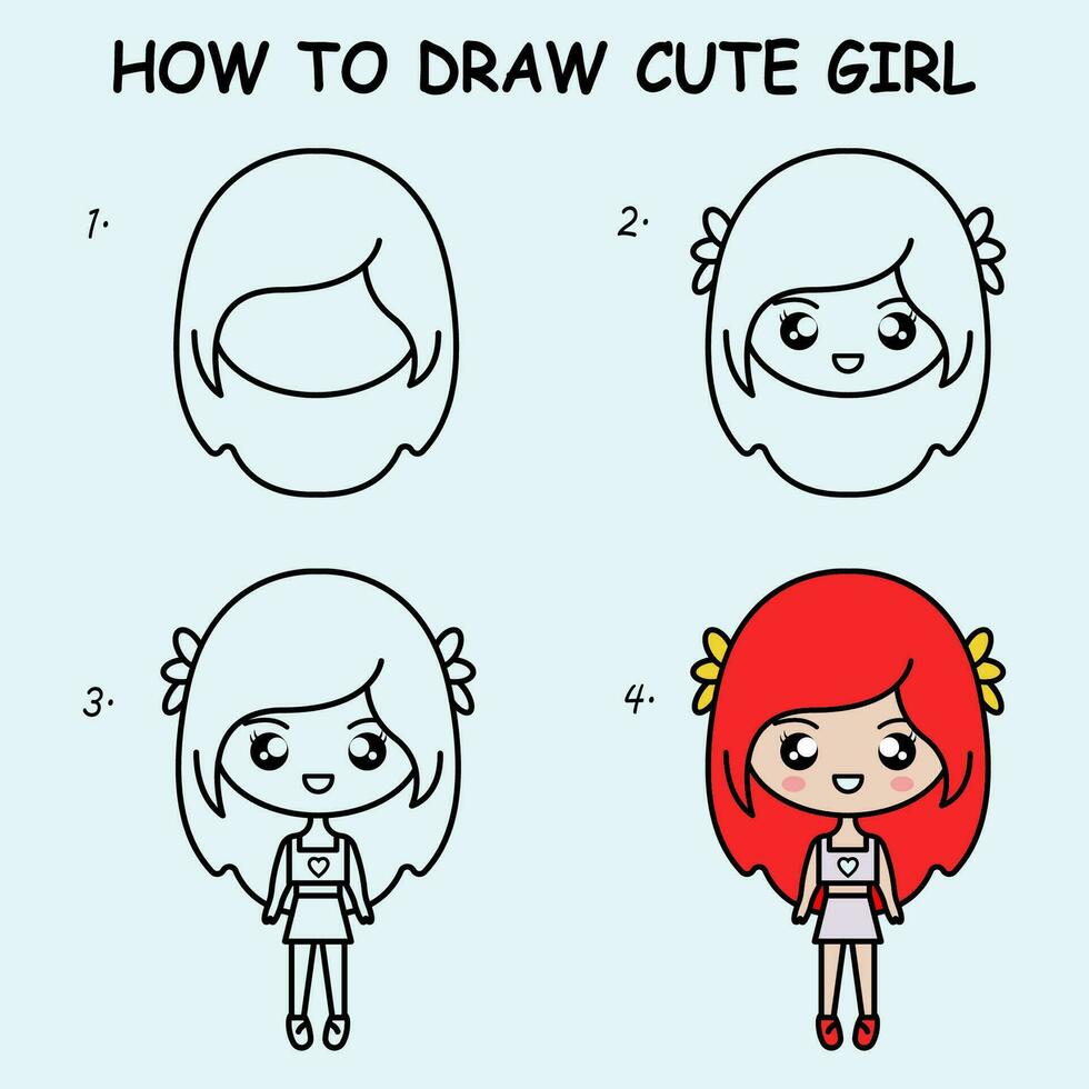 Step by step to draw a cute girl. Drawing tutorial a cute girl. Drawing lesson for children. Vector illustration