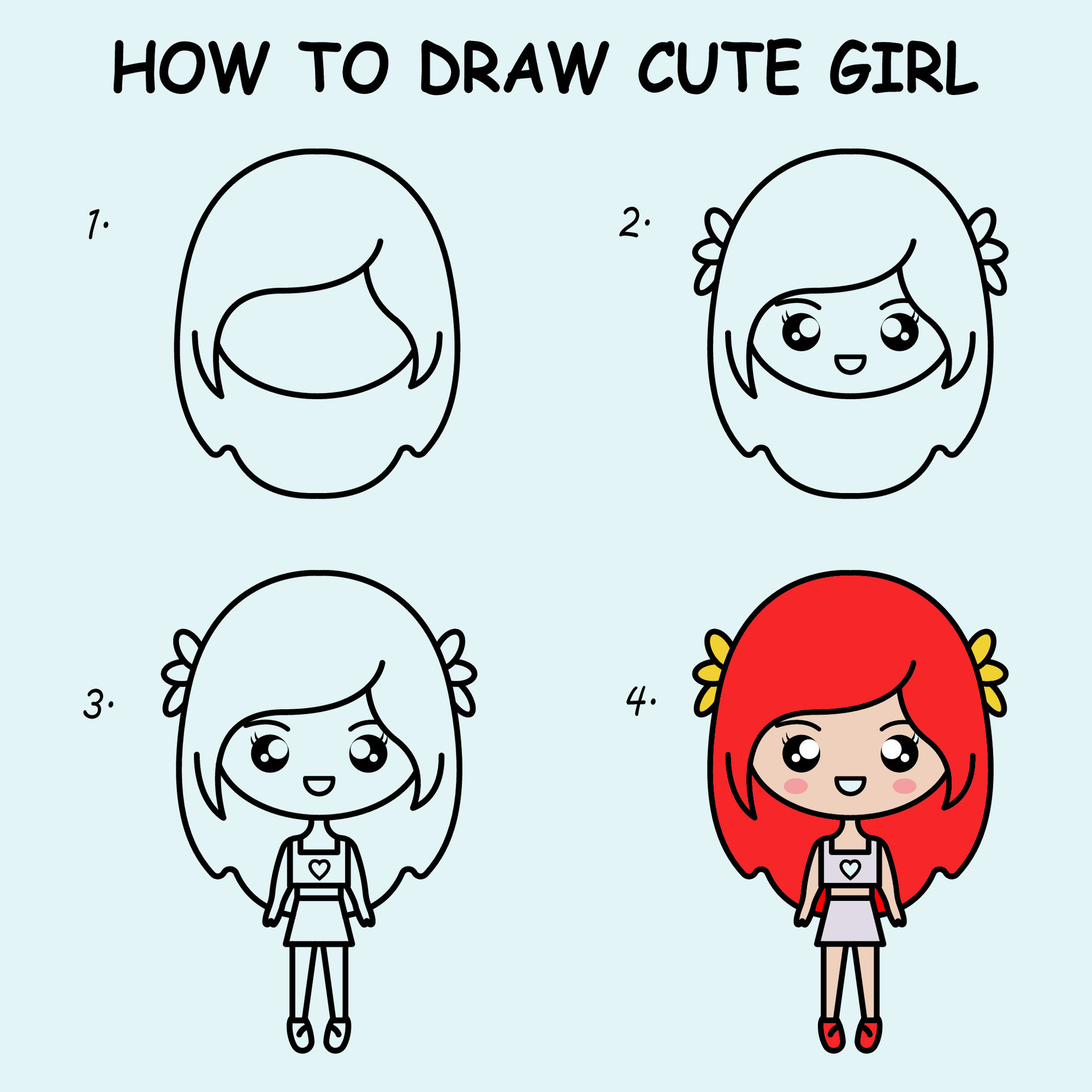 Step by step to draw a cute girl. Drawing tutorial a cute girl. Drawing  lesson for children. Vector illustration 26536867 Vector Art at Vecteezy