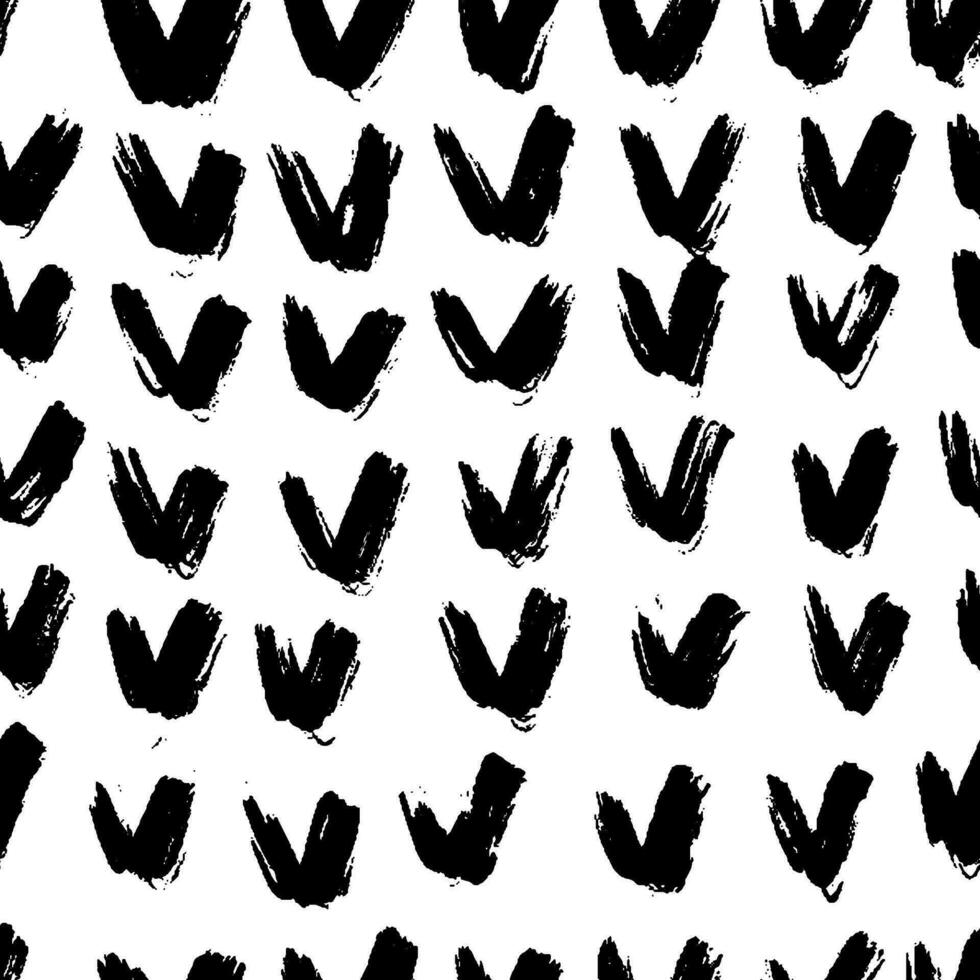 Hand drawn check mark seamless pattern. Rough abstract background with v-shape bold brush strokes. Hand drawn graphic ornament for wrapping paper. Black texture lines. Tribal vector background