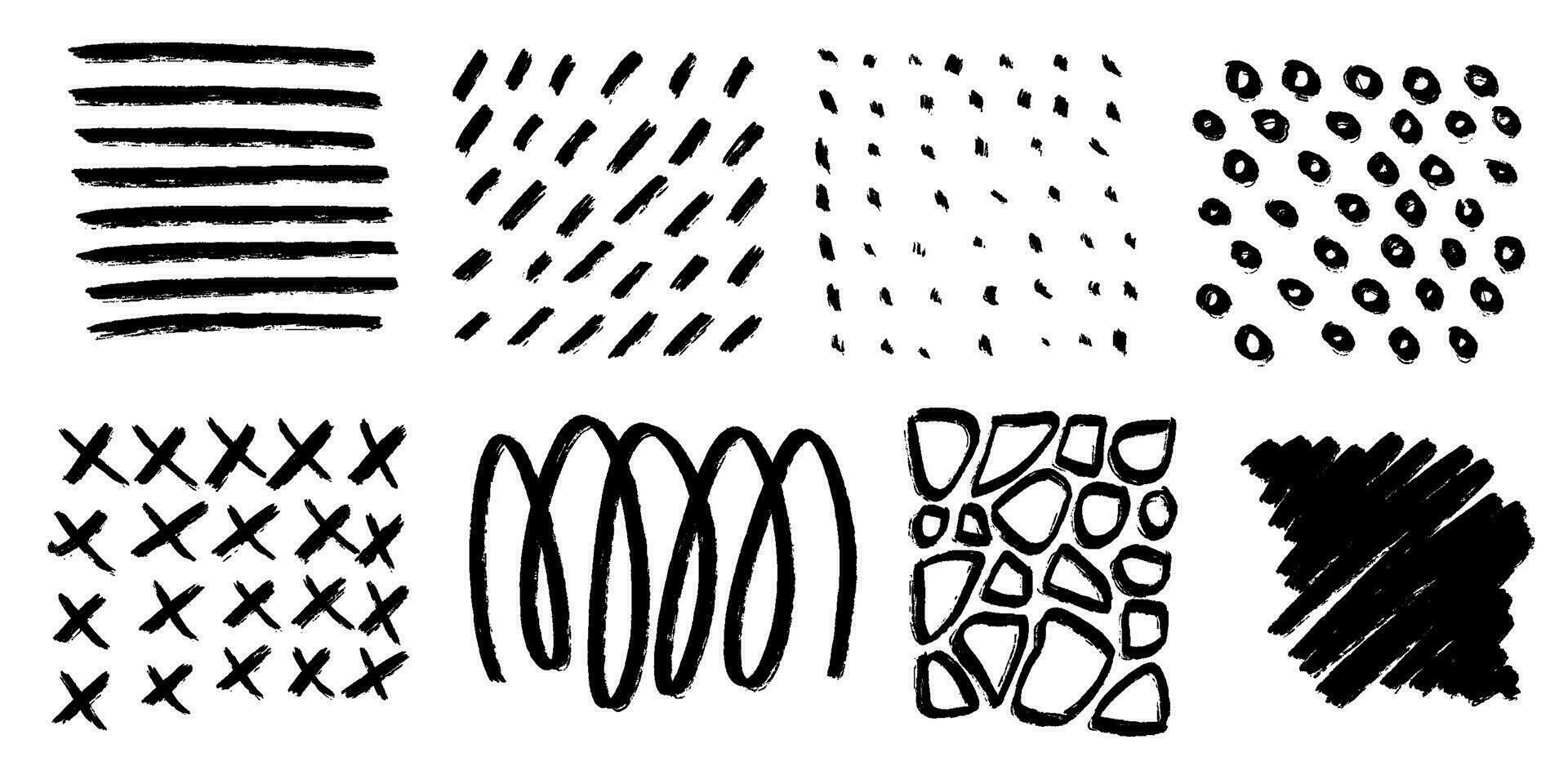 Abstract geometric patterns design with straight brush stroke, dots and bold lines. Hand drawn dry brush textures. Dashes, thin and thick lines. Grunge vector backgrounds. Simple geometric shapes.
