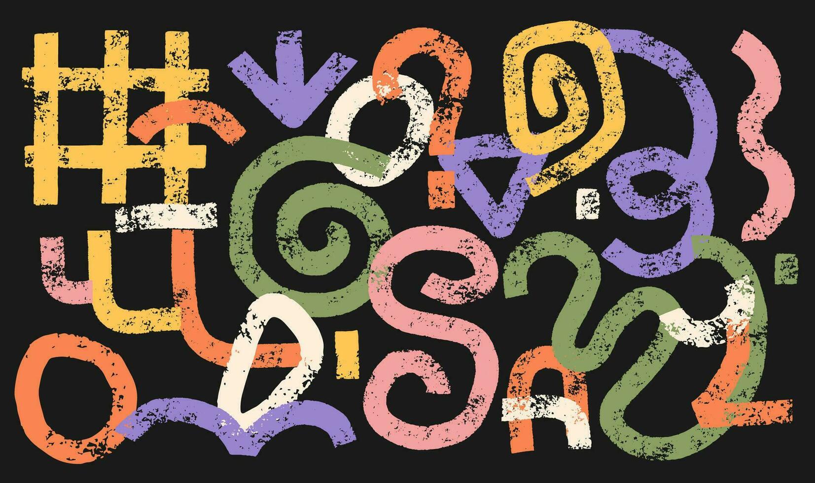 Set of hand painted gringe colorful various shapes, bold curls, forms, arches, squiggles, brush strokes and doodle objects. Abstract modern trendy vector illustration with dry brush geometric shapes.