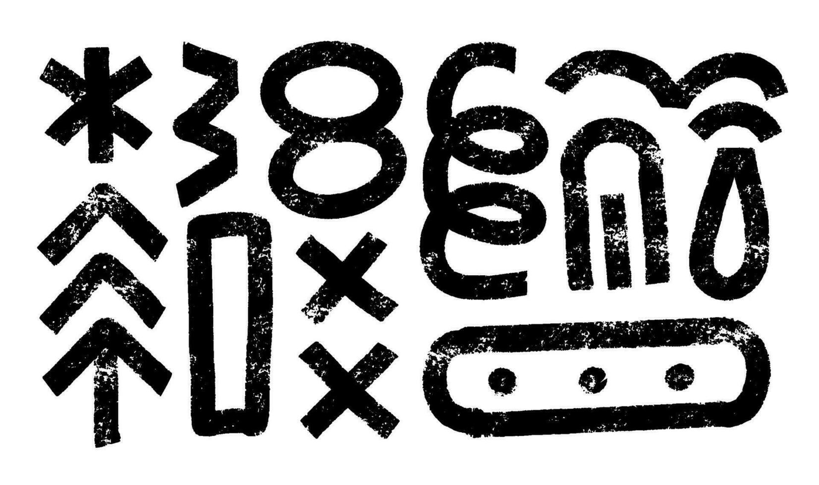 Grunge bold doodle elements set with arrows, circle, arch, cross sign, curvy lines. Black color grunge shapes collection. Contemporary hand drawn vector clip art.