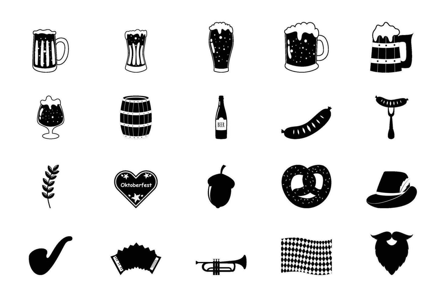 Oktoberfest Beer Festival element set. gingerbread, accordion, beer, grilled sausage on fork, smoking pipe and ets. vector