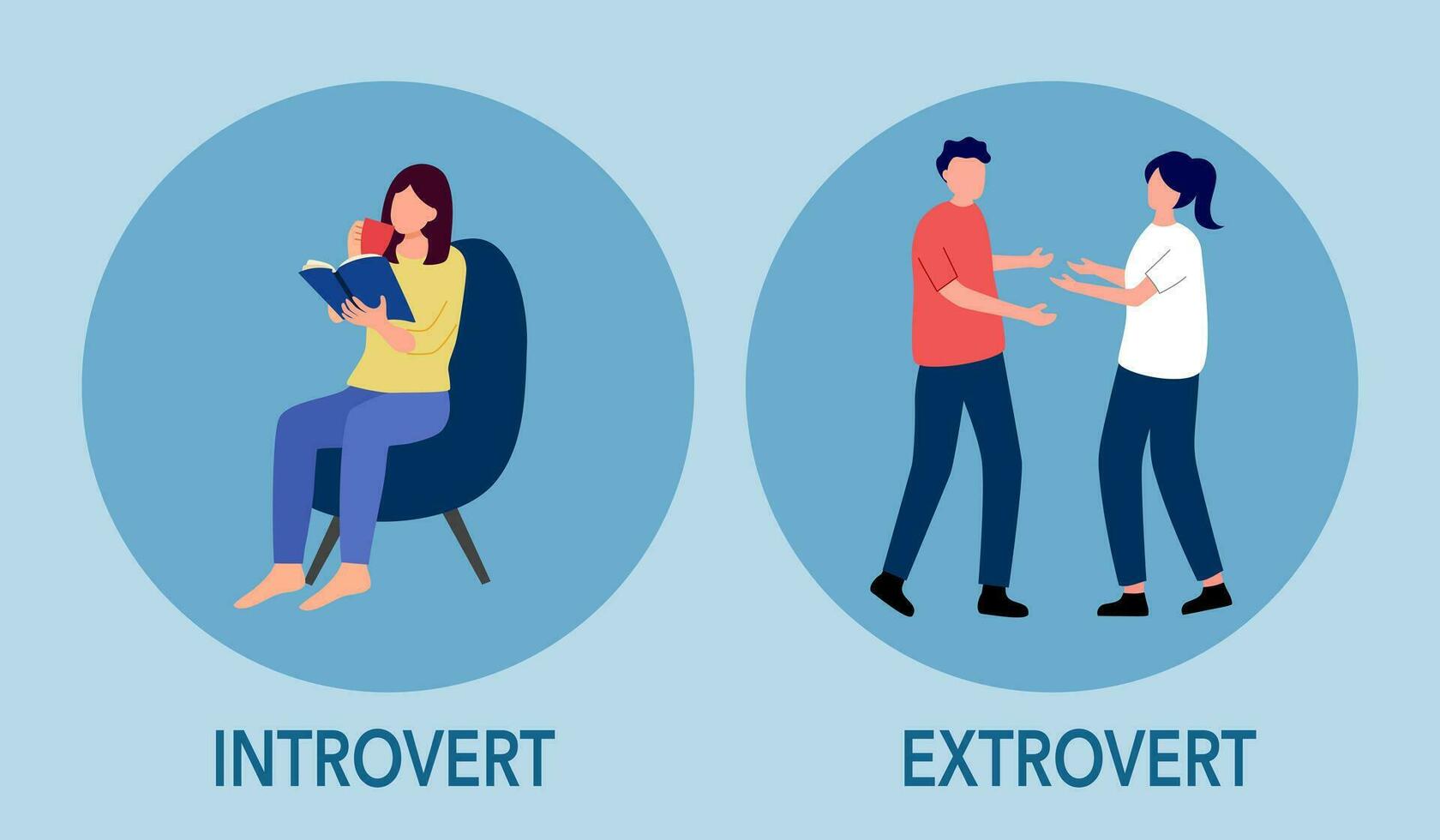 Introvert and extrovert personality character concept vector illustration. Introvert woman enjoy reading book alone. Extrovert people are talkative and enjoy meeting new people.