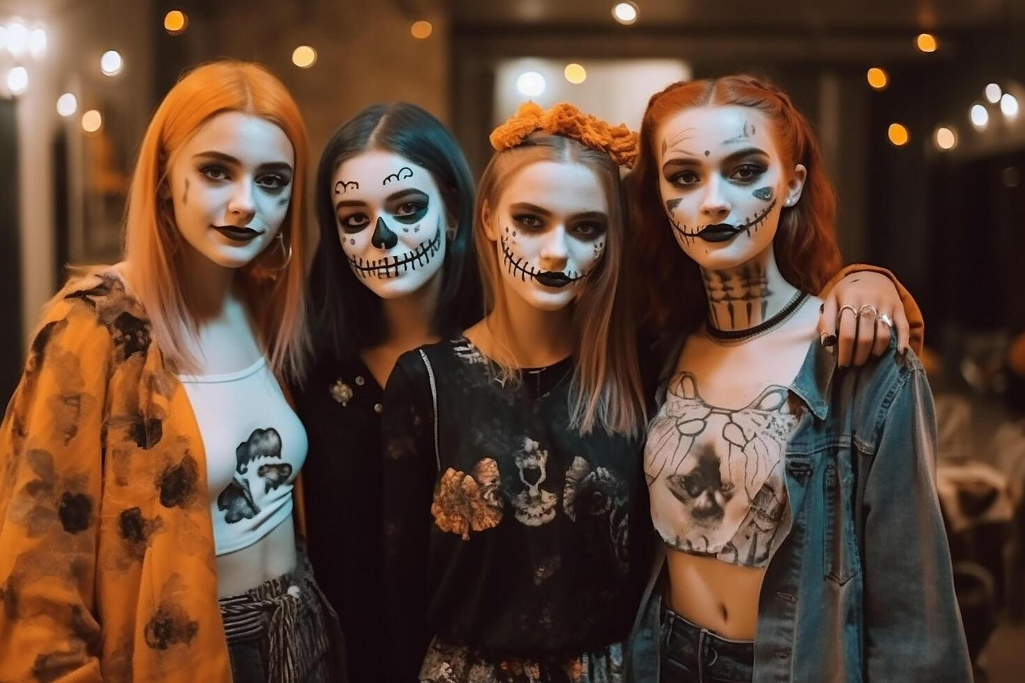 A gen z bunch in dia de muertos outfits. Ai generated photo