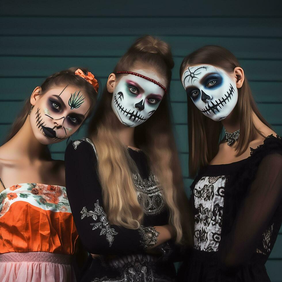 A gen z bunch in dia de muertos outfits. Ai generated photo