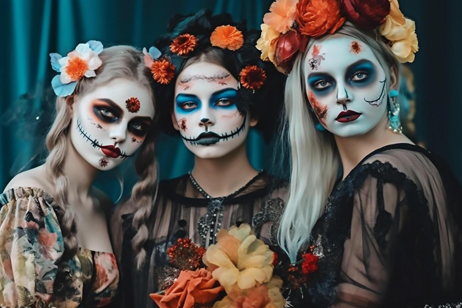 A gen z bunch in dia de muertos outfits. Ai generated photo