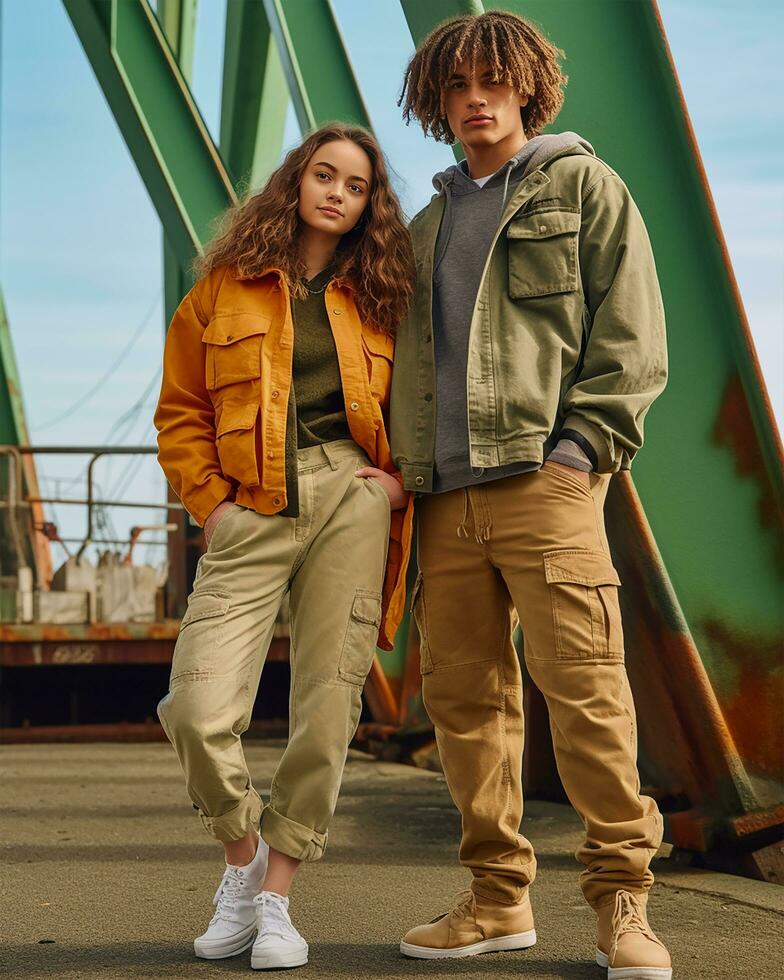 a young couple in Gorpcore outfits. AI Generated photo
