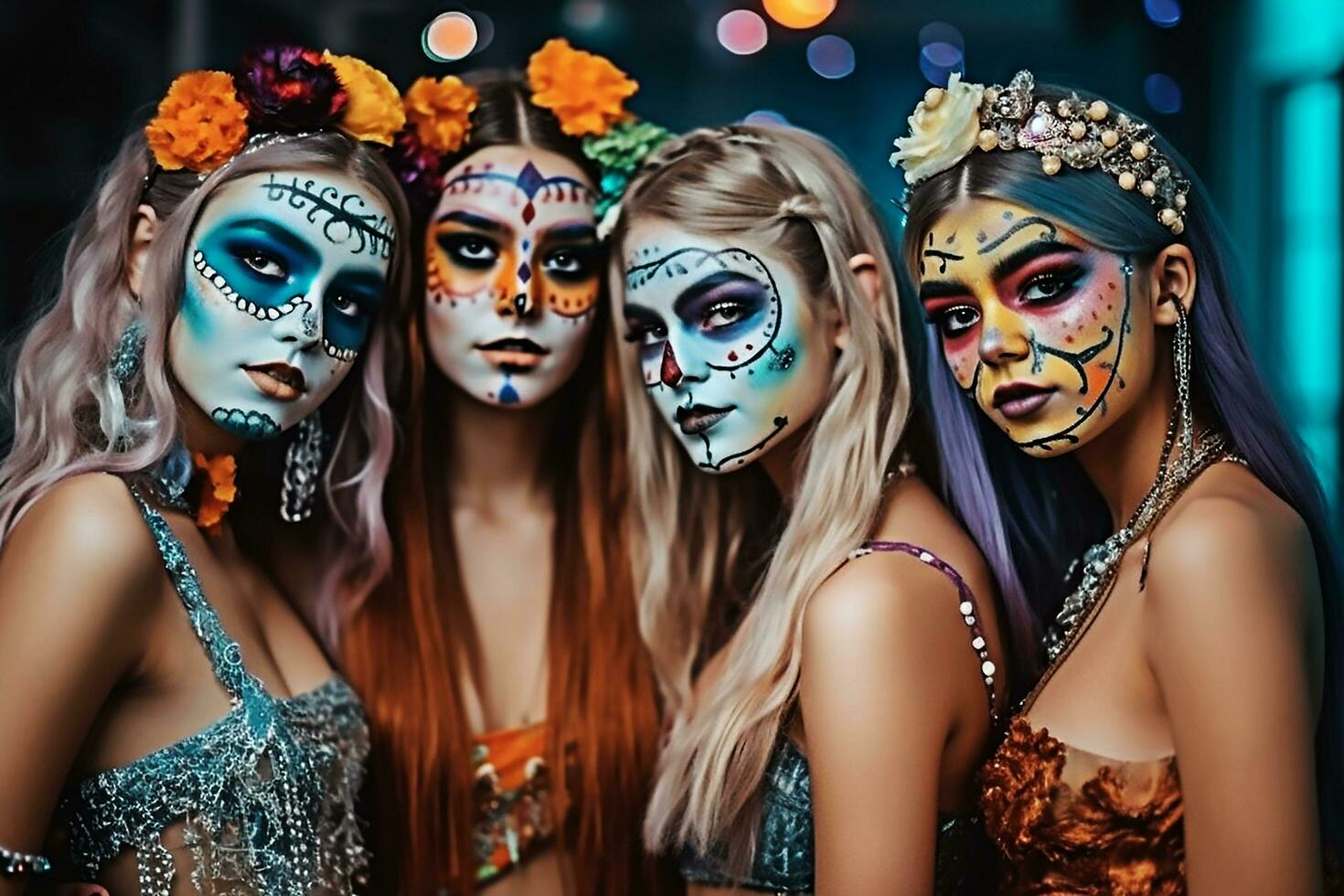 a group of friends celebrating Dia de Muertos. Ai generated photo