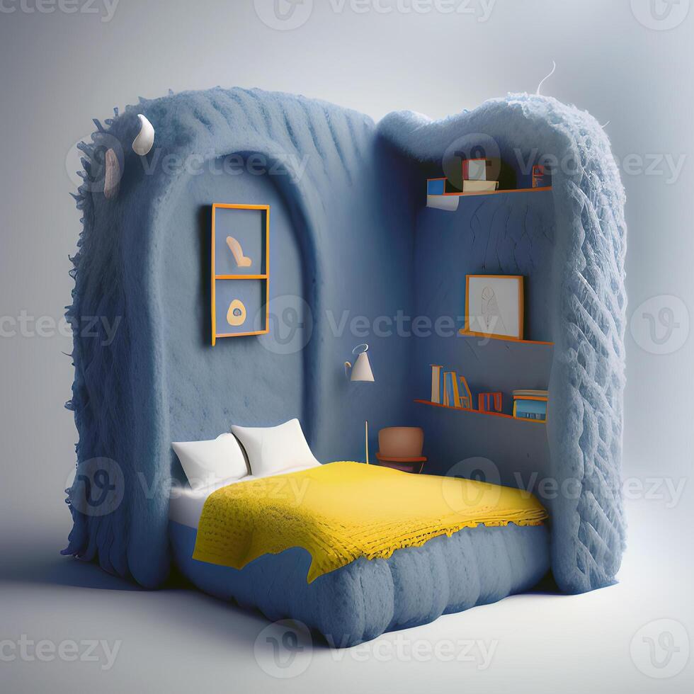 Ai generated, graphic, mockup, isometric view of cute sleeping corner, bedroom in wool weaving, knitting materials texture, nice decoration, cartoon animation, Toy kids style photo