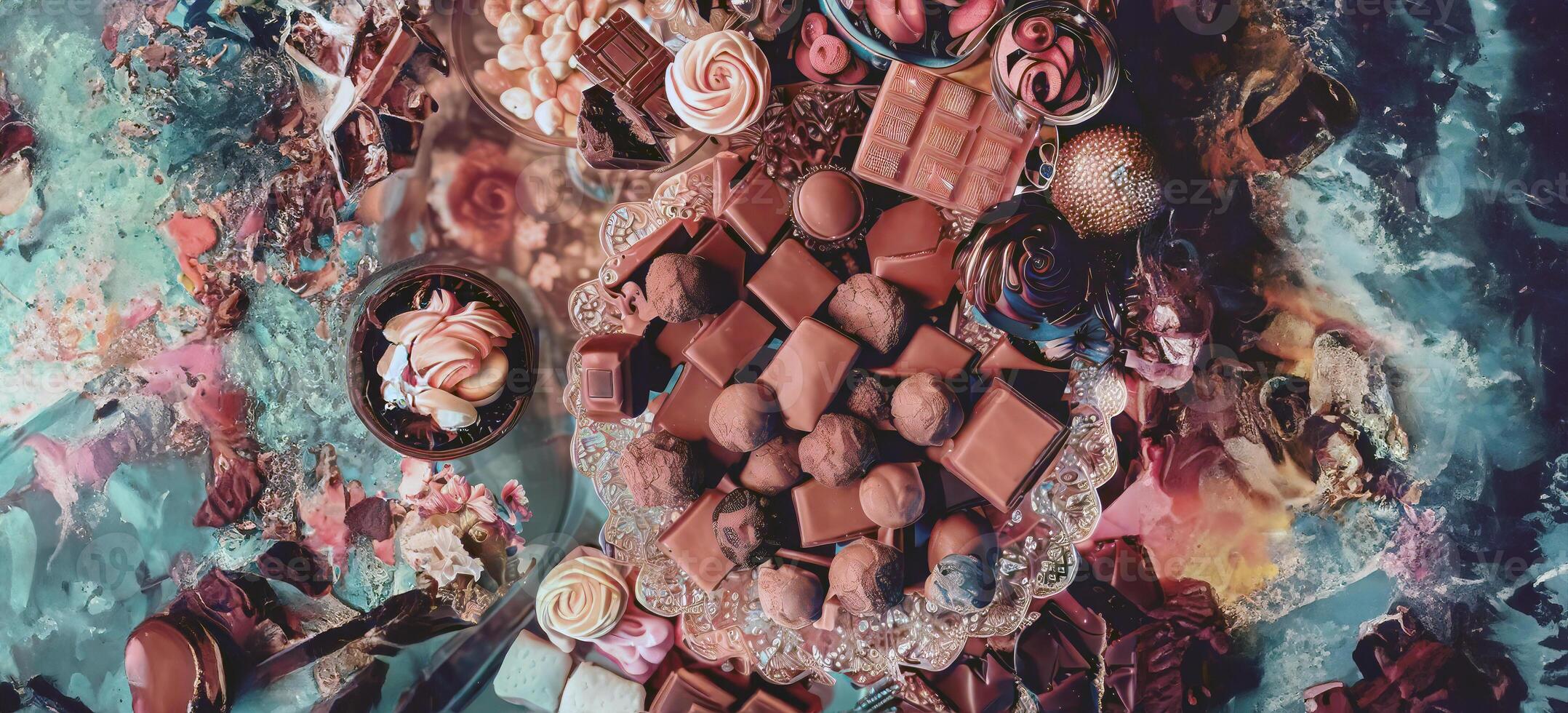 Ai Generated, Generative Ai, Top view various kind of chocolate cacao candies mixed flavor luxury glass plate, crystal tray, in fancy background with copy space, world chocolate day concept photo