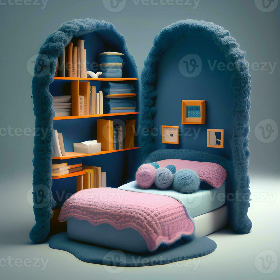 Ai generated, graphic, mockup, isometric view of cute sleeping corner, bedroom in wool weaving, knitting materials texture, nice decoration, cartoon animation, Toy kids style photo