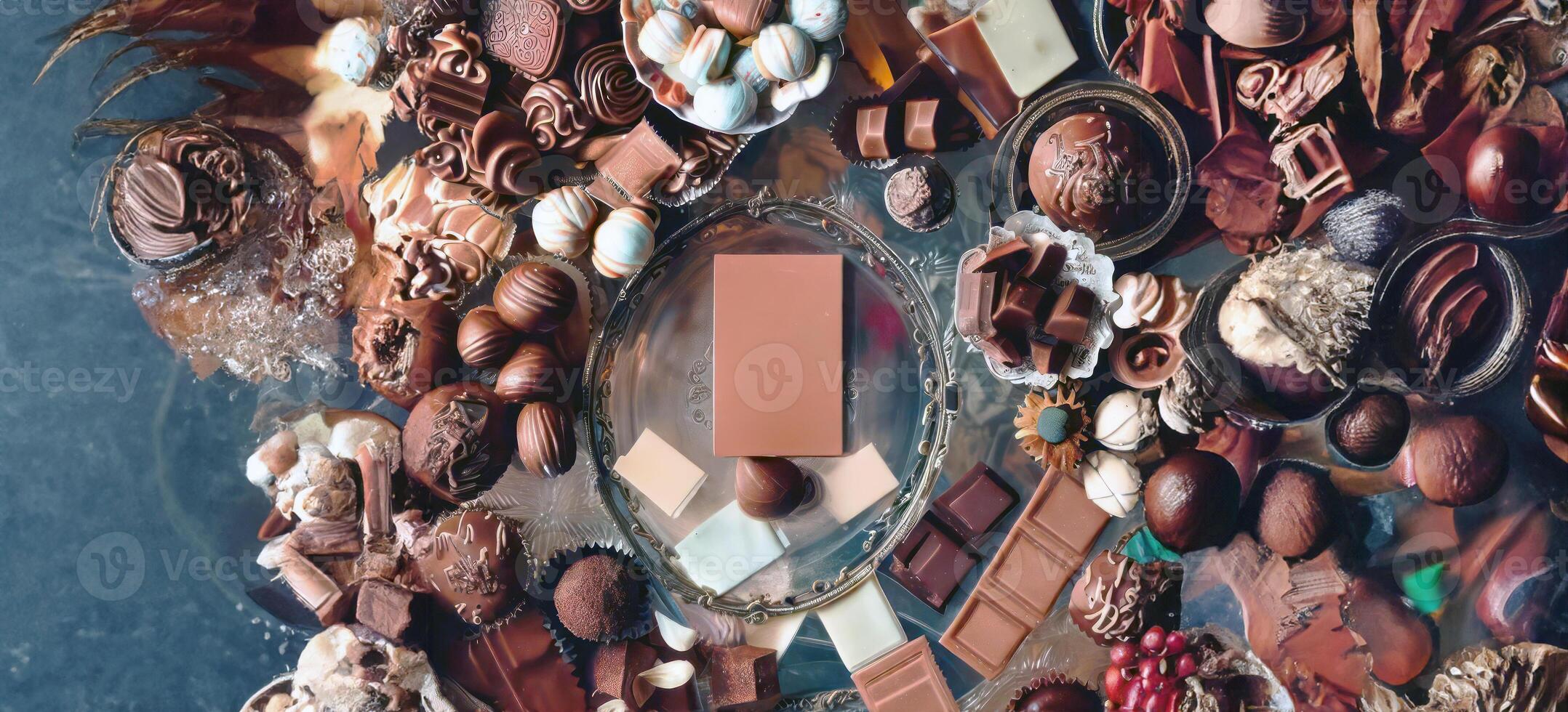 Ai Generated, Generative Ai, Top view various kind of chocolate cacao candies mixed flavor luxury glass plate, crystal tray, in fancy background with copy space, world chocolate day concept photo