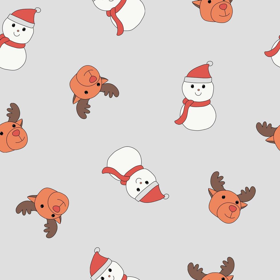 A Christmas snowman and reindeer seamless pattern on a background in a hand-drawn minimal xmas concept, Vector