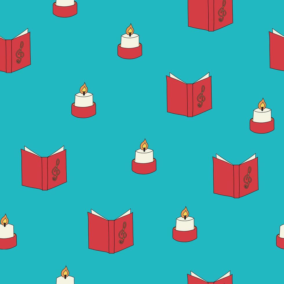 A Christmas candle and songbook seamless pattern on a background in a hand-drawn minimal xmas concept, Vector