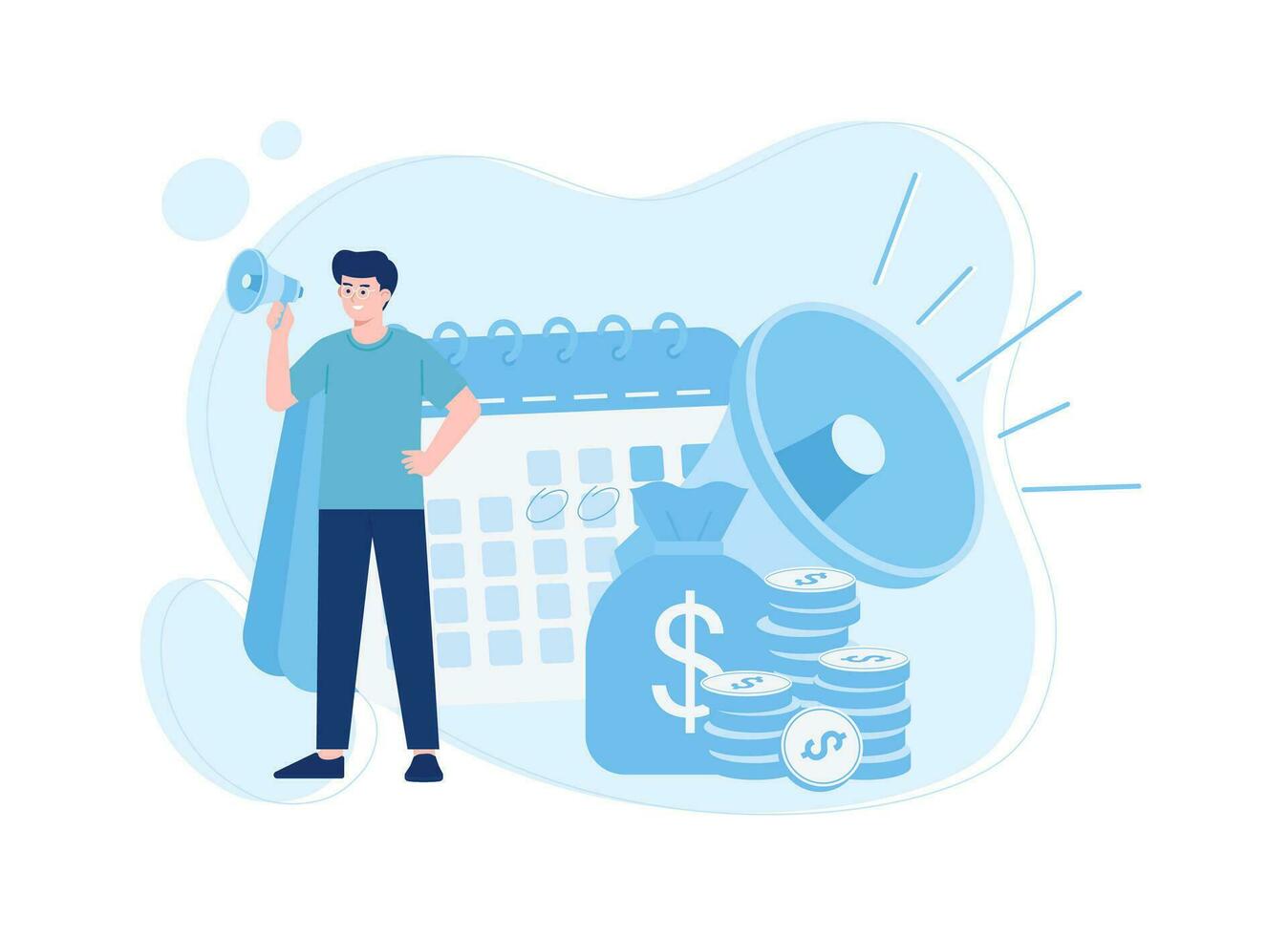 Seller promotes products with speakers concept flat illustration vector