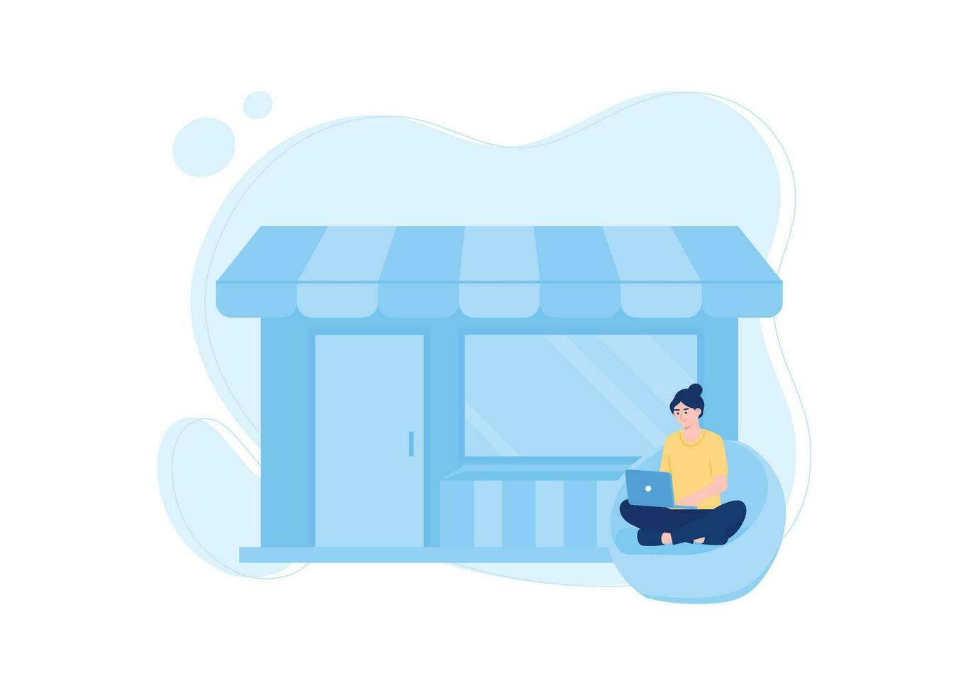 Woman sitting on sofa with shop background concept flat illustration vector