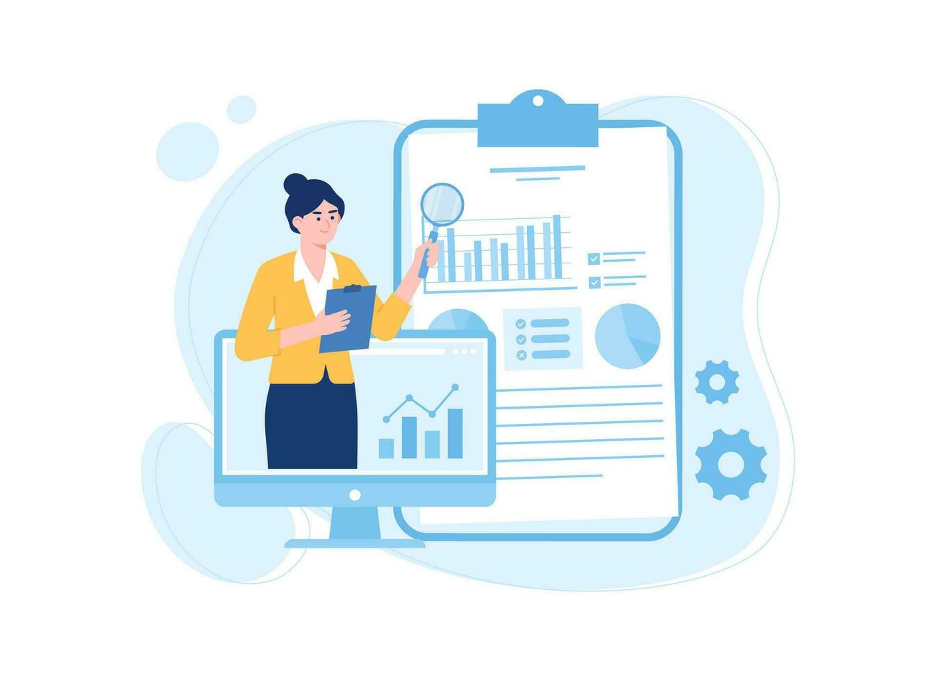 Business woman analyzing office financial data graph concept flat illustration vector