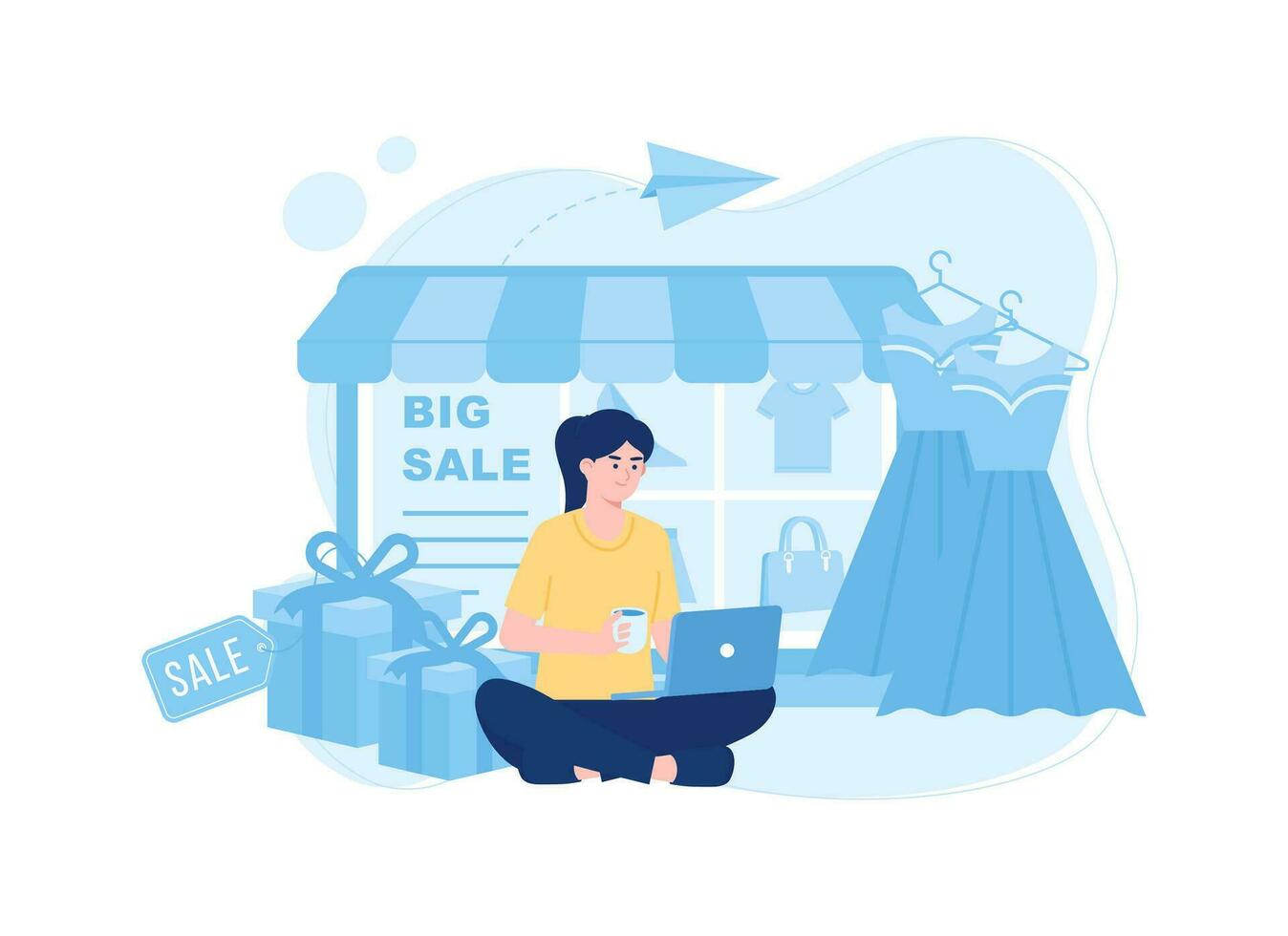 mujer sentado en frente de su Moda tienda concepto plano ilustración vector