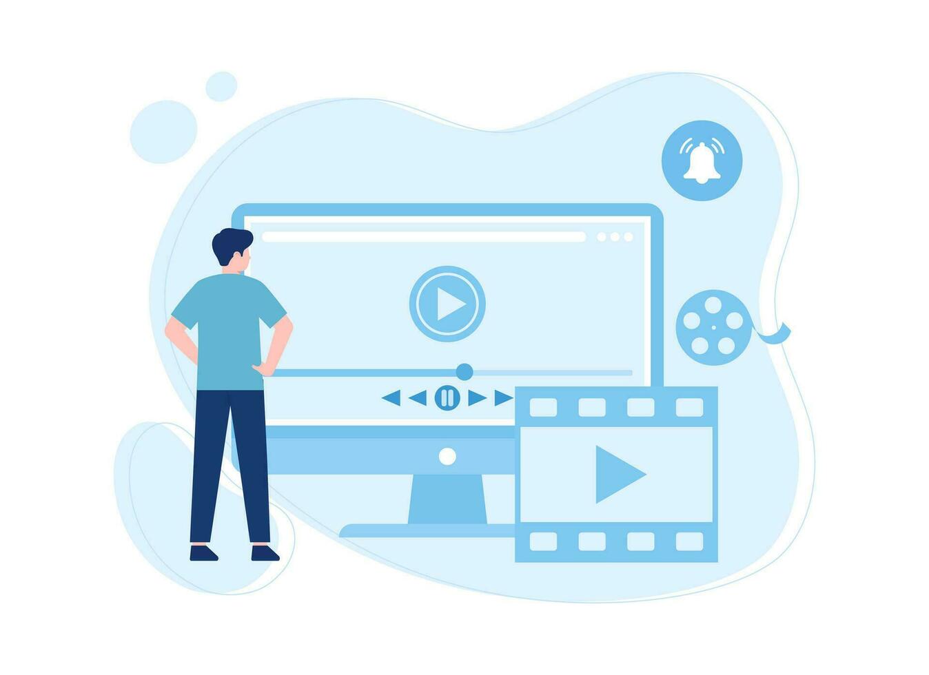 Boy is playing movie on computer concept flat illustration vector