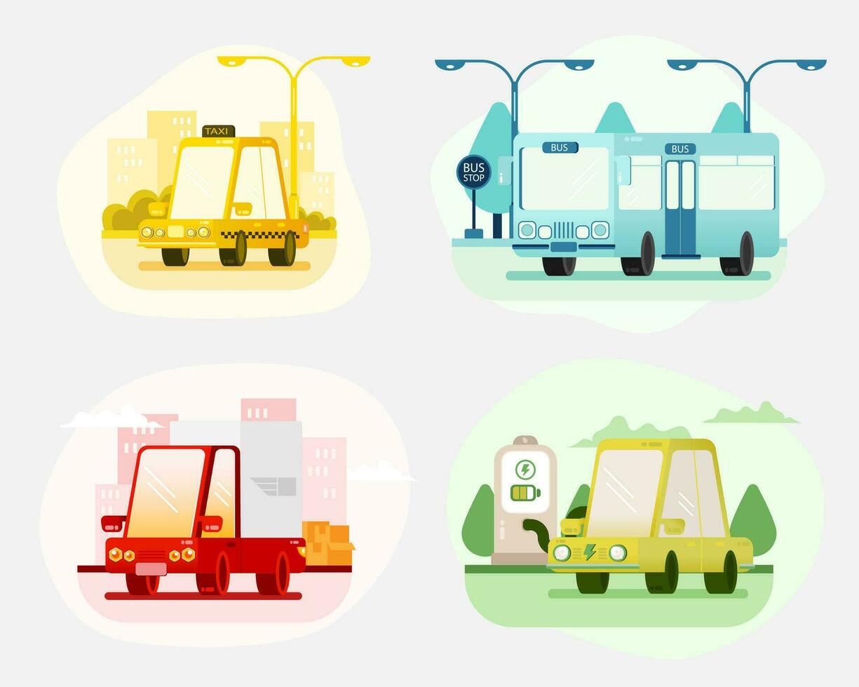 conjunto de transporte. Taxi, autobús, entrega, limpiar coche. vector