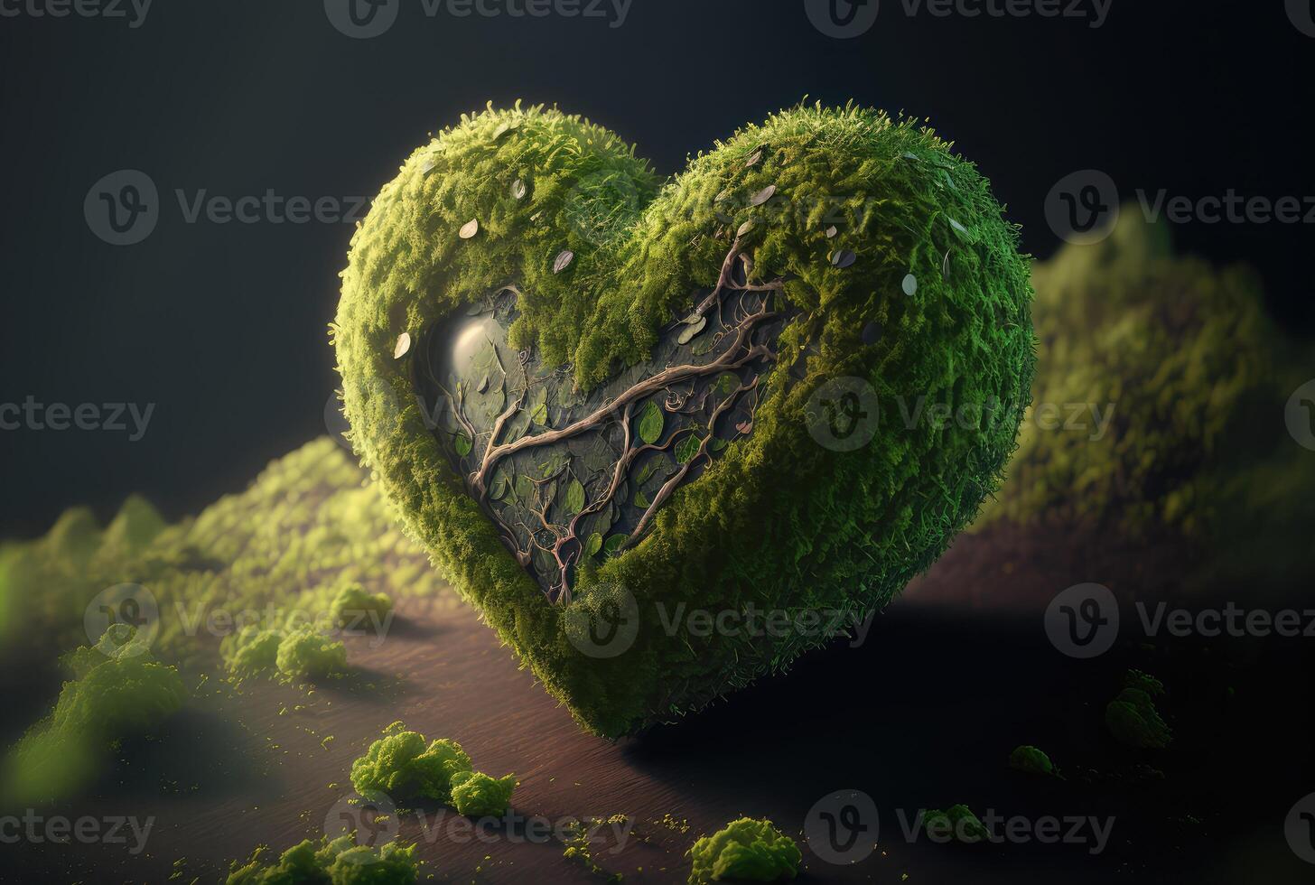 Green heart made of moss, eco background. Generative AI photo