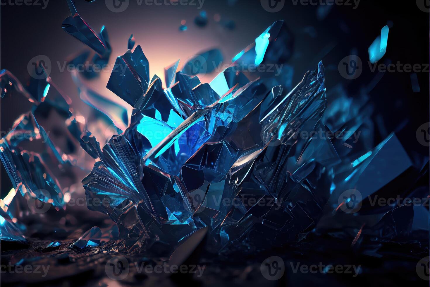 Dark blue broken glass, fragments close-up, abstract background. Generative AI photo