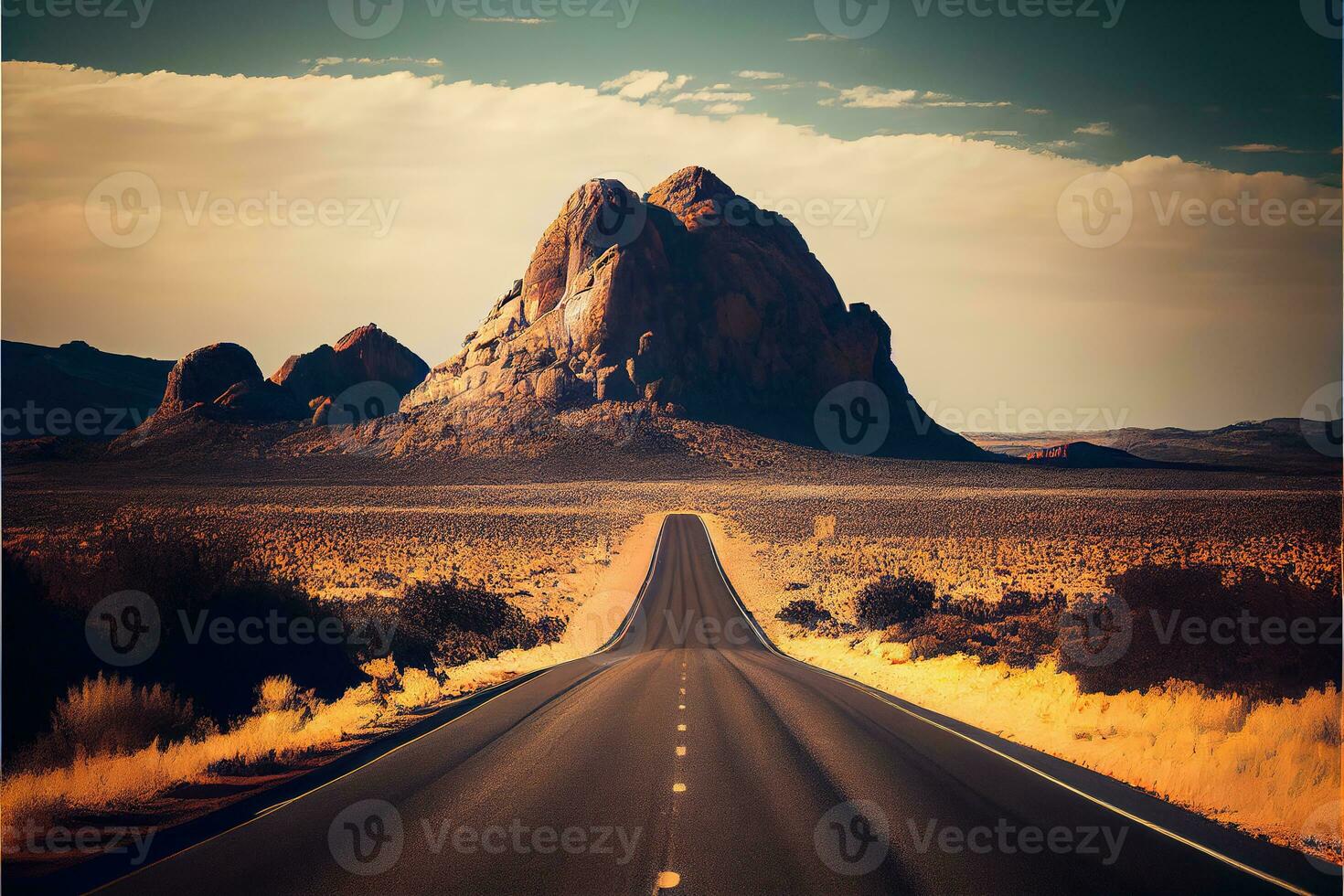 Road in the wilderness of Texas, lonely rock. AI generated photo