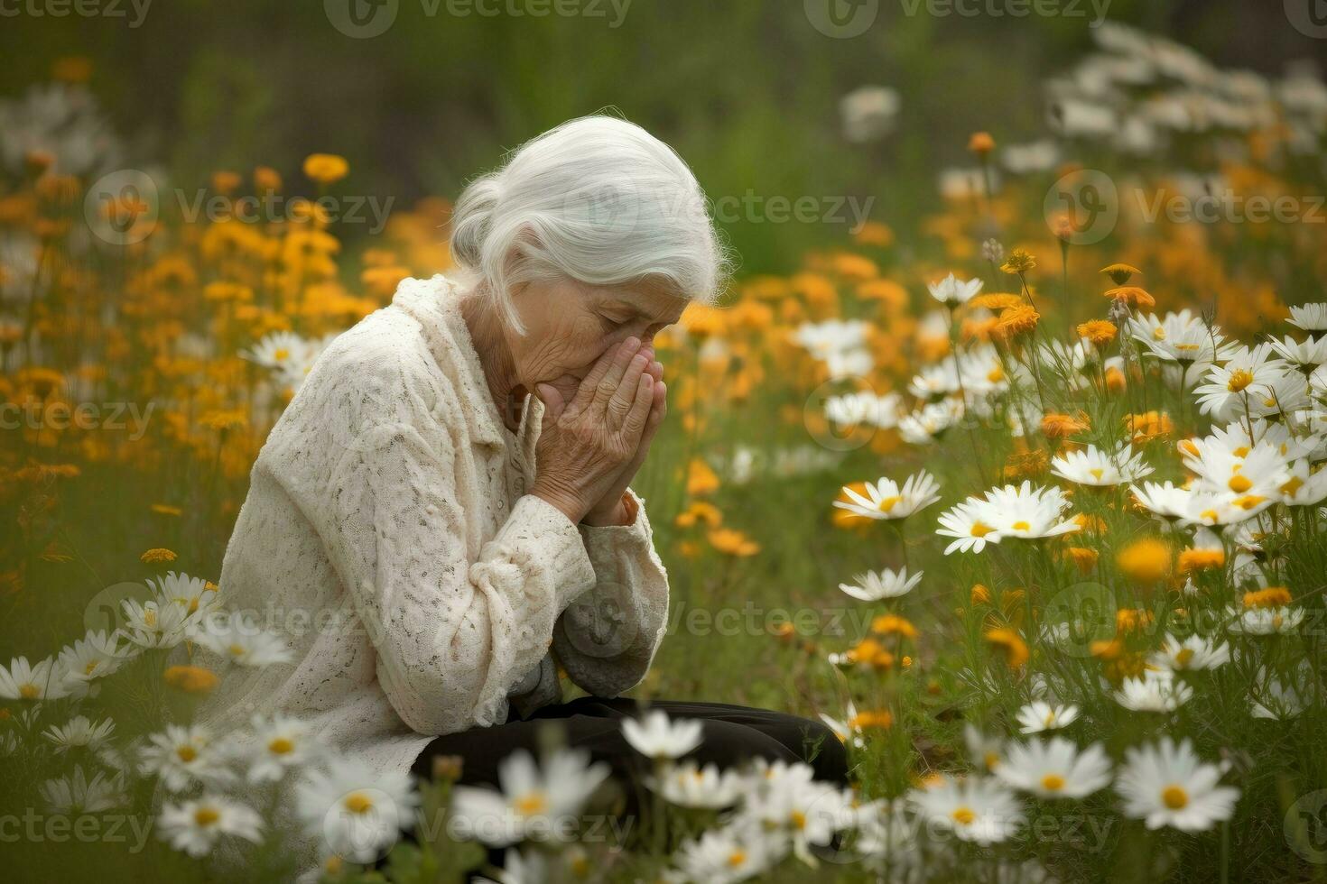 Woman praying field. Generate Ai photo