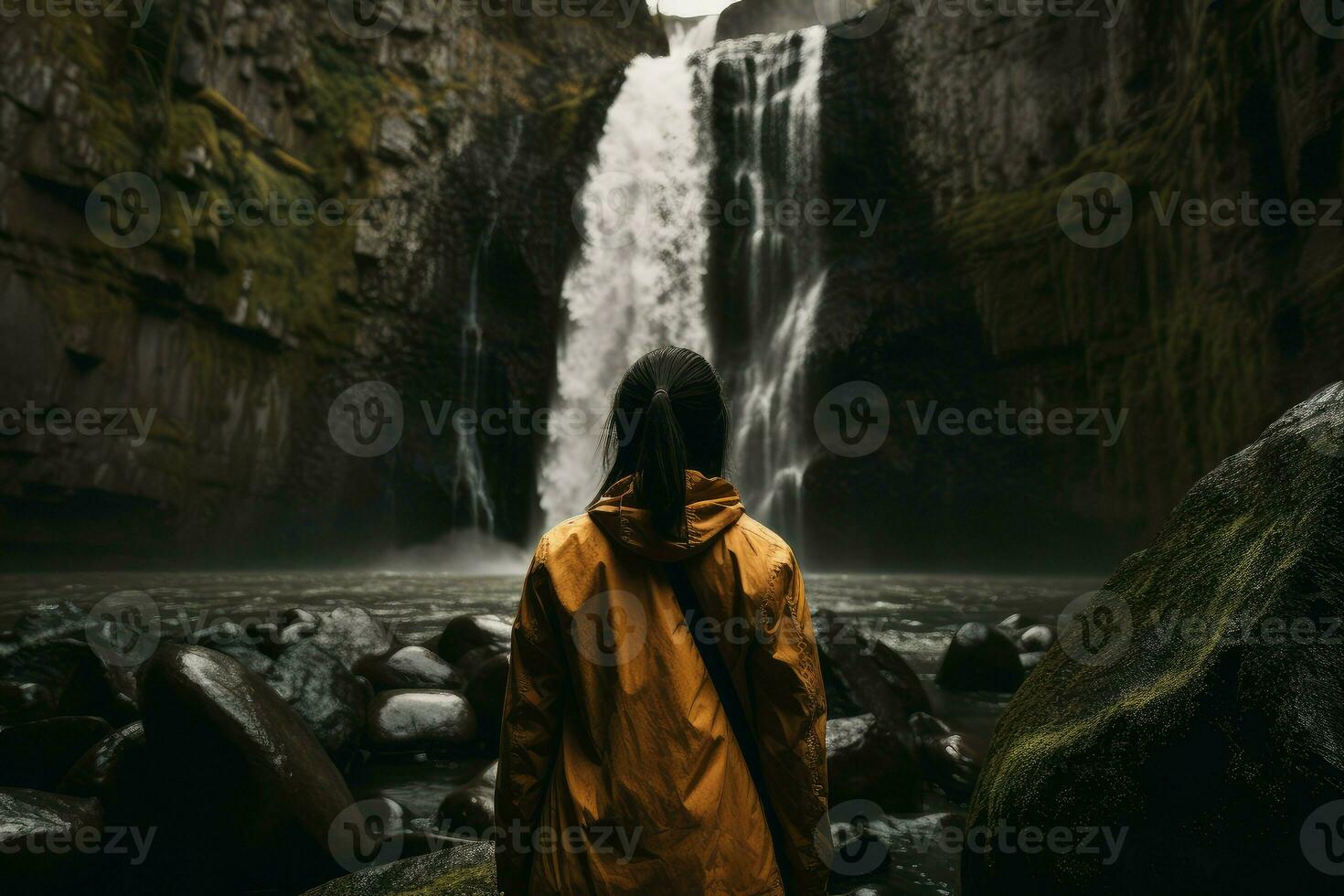 Woman waterfall view. Generate Ai photo