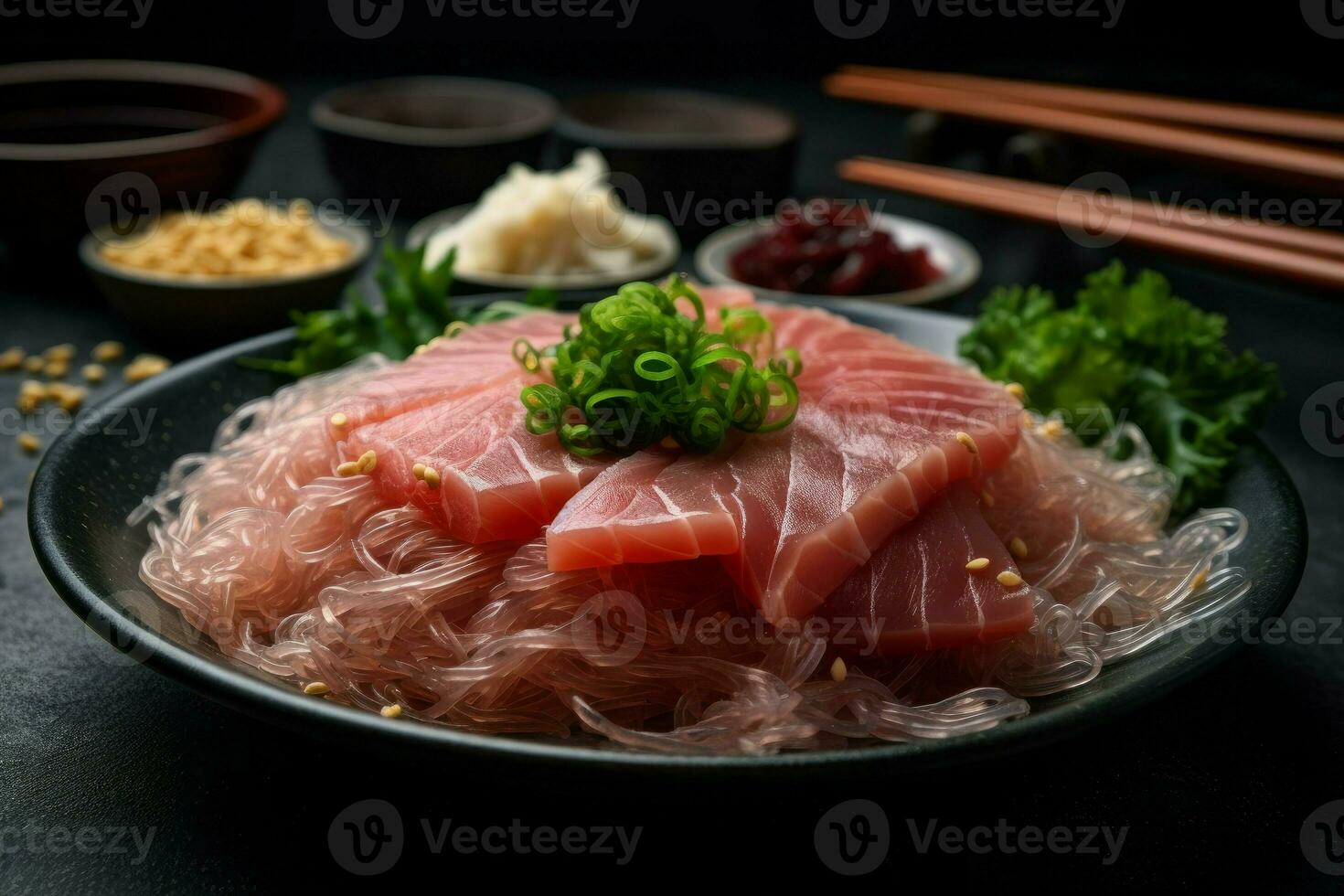 sashimi atún tallarines lámina. generar ai foto
