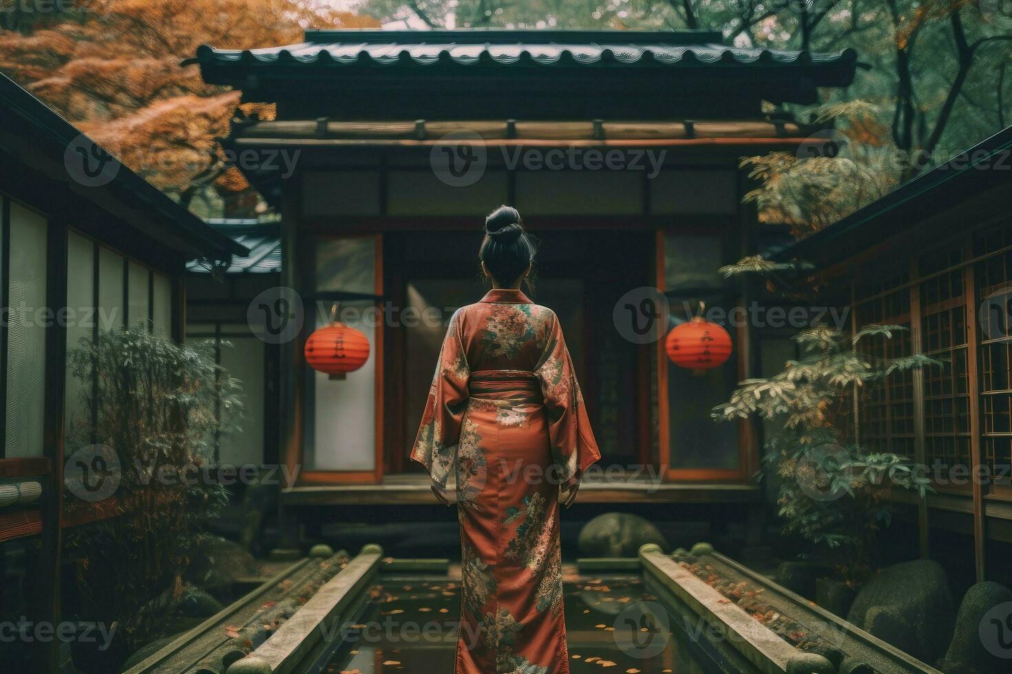 japonés mujer kimono jardín. generar ai foto
