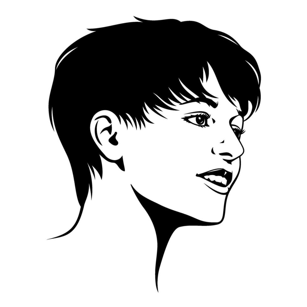 mujer cara silueta. negro y blanco plantilla retrato de niña con corto peinado. vector clipart aislado en blanco.