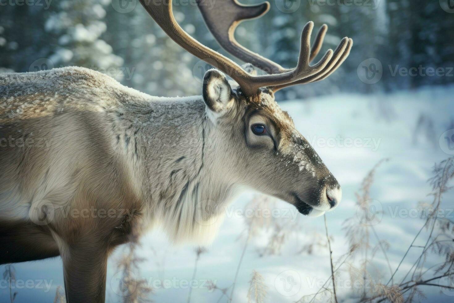 Reindeer winter forest snow. Generate Ai photo