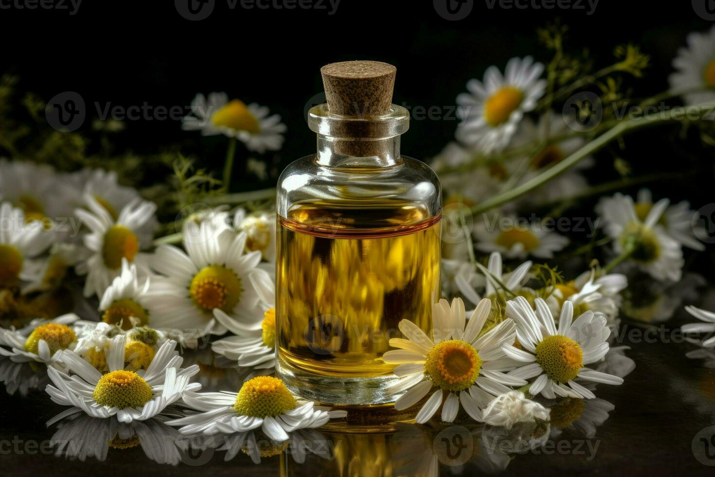 petróleo botella manzanilla perfume. generar ai foto