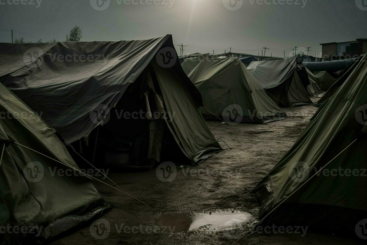 Refugee camp tents poverty. Generate Ai photo