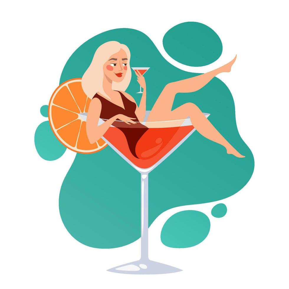 Cocktail party illustration with girl lying in a big glass and drinking alcohol vector